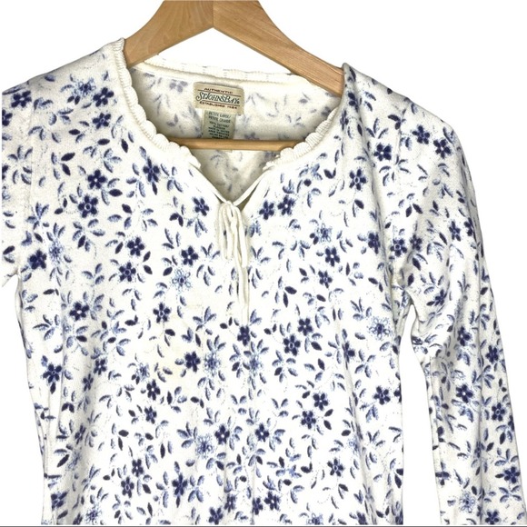 Vintage Blue White Floral Print Lace Up. Richer Detail Sweater Size Petite Large - Picture 2 of 7